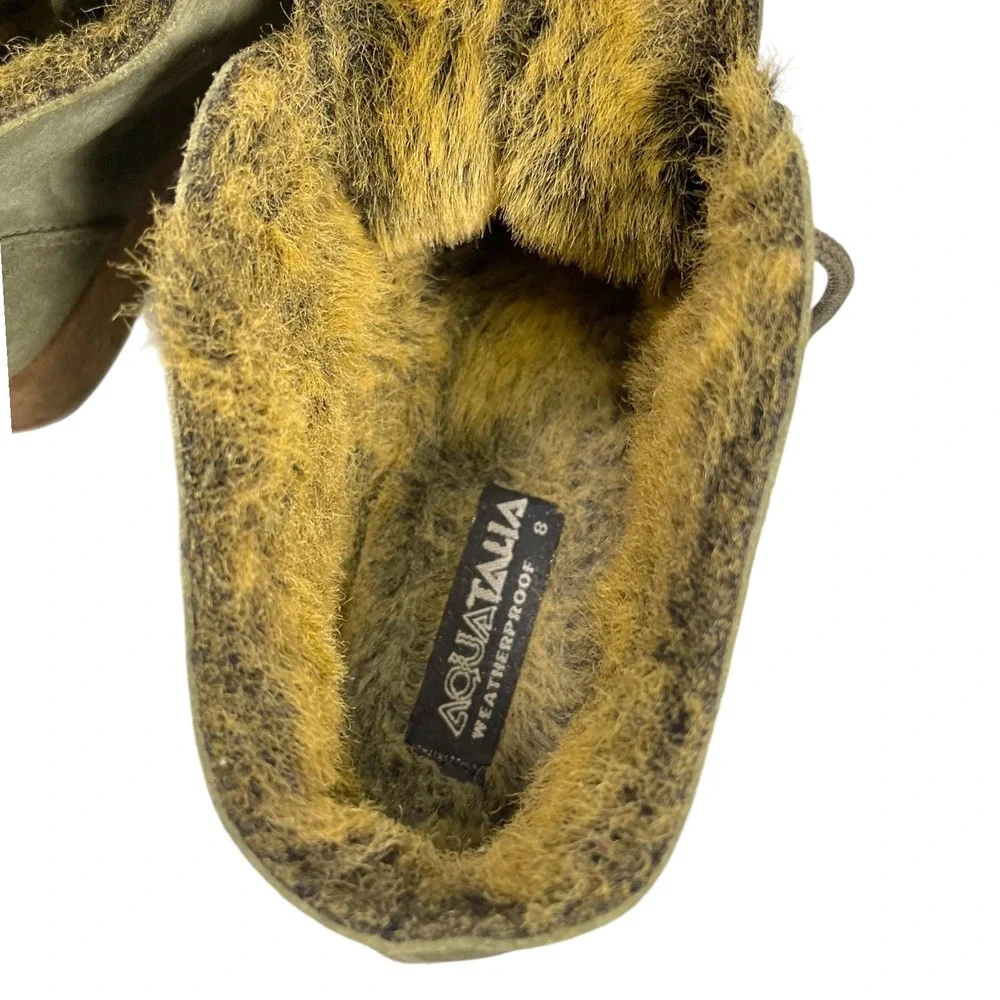 Aquatalia 8 Green Suede Weatherproof Faux Fur Lined Ankle Boots Gorpcore Cabin